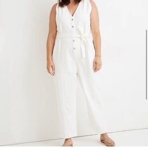 Madewell Denim Sleeveless Tie-Waist Jumpsuit in Tile White XL